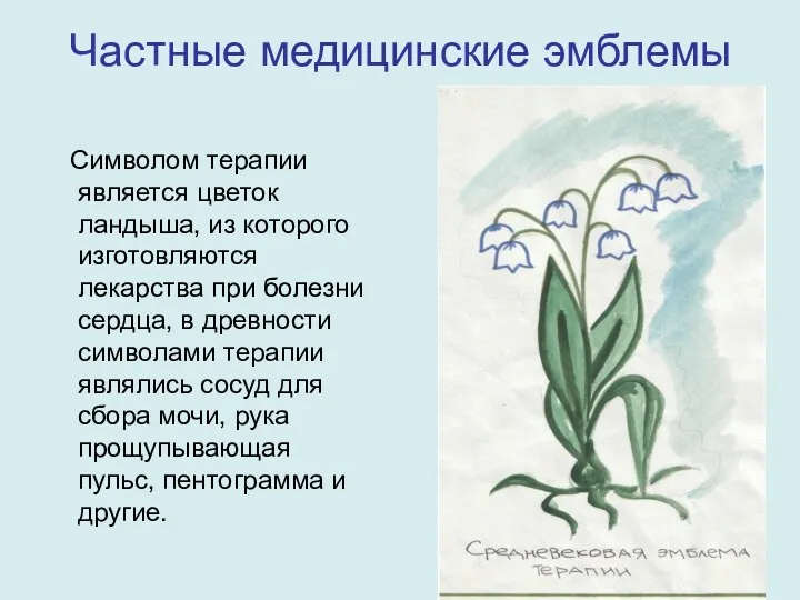 Частные медицинские эмблемы Символом терапии является цветок ландыша, из которого