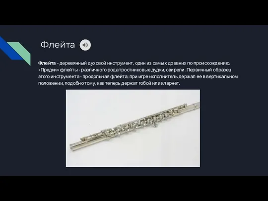 Флейта Флейта - деревянный духовой инструмент, один из самых древних