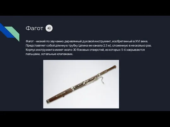 Фагот Фагот - низкий по звучанию деревянный духовой инструмент, изобретенный