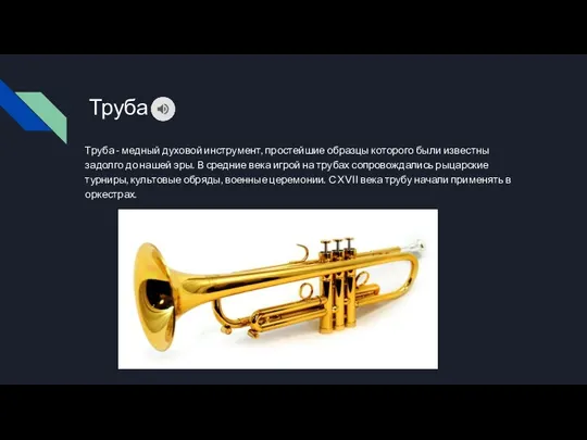 Труба Труба - медный духовой инструмент, простейшие образцы которого были