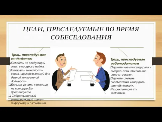 ЦЕЛИ, ПРЕСЛЕДУЕМЫЕ ВО ВРЕМЯ СОБЕСЕДОВАНИЯ Цель, преследуемая кандидатом Перейти на