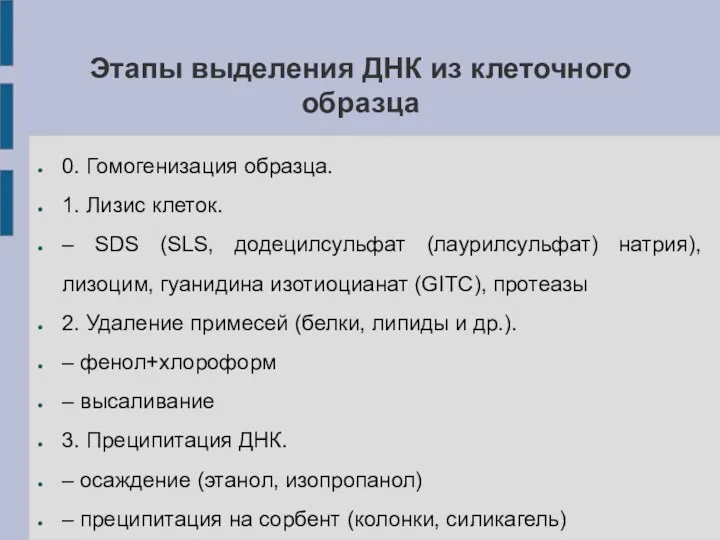 Этапы выделения ДНК из клеточного образца 0. Гомогенизация образца. 1. Лизис клеток. –