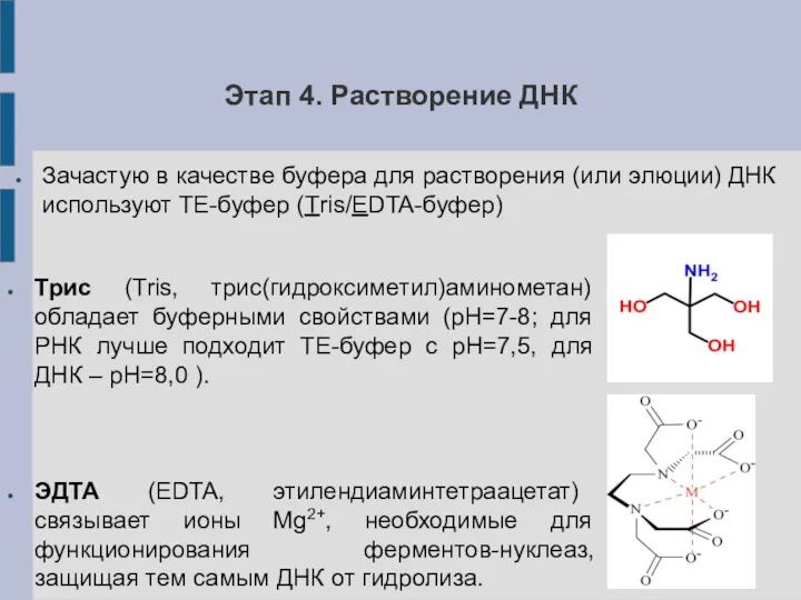 Этап 4. Растворение ДНК Зачастую в качестве буфера для растворения (или элюции) ДНК