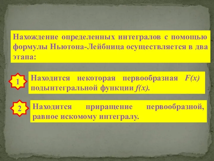 Нахождение определенных интегралов с помощью формулы Ньютона-Лейбница осуществляется в два