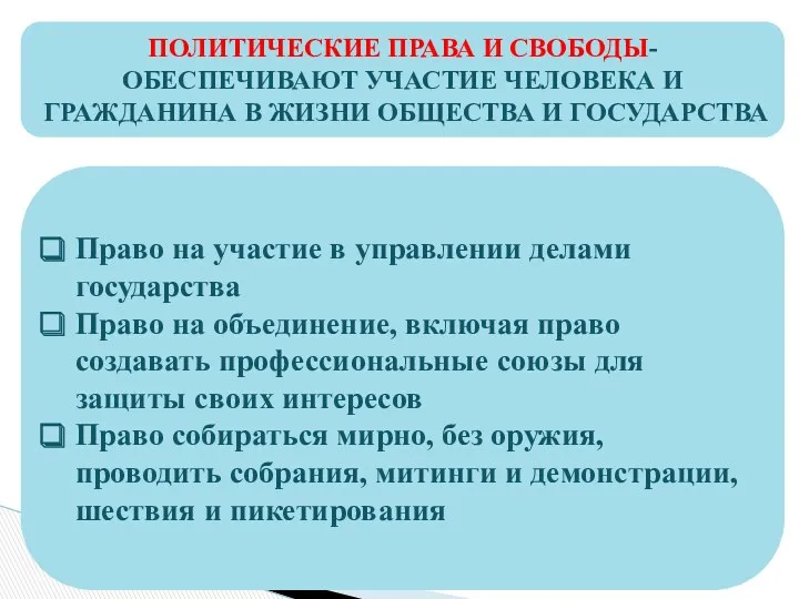 ПОЛИТИЧЕСКИЕ ПРАВА И СВОБОДЫ- ОБЕСПЕЧИВАЮТ УЧАСТИЕ ЧЕЛОВЕКА И ГРАЖДАНИНА В