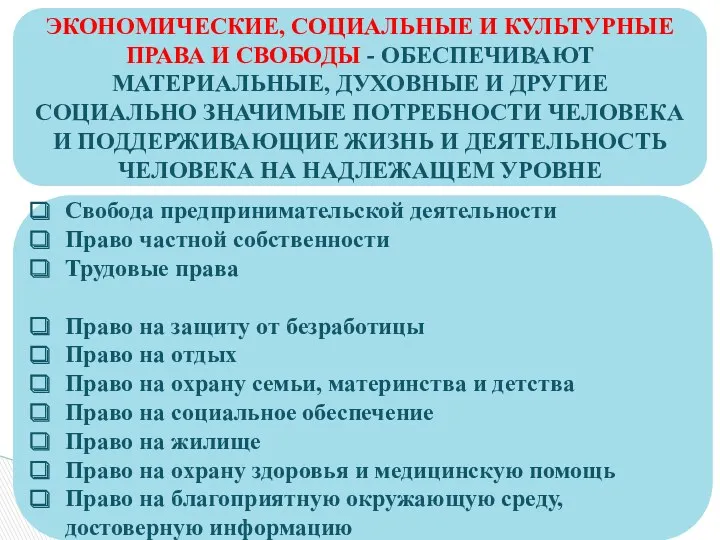 ЭКОНОМИЧЕСКИЕ, СОЦИАЛЬНЫЕ И КУЛЬТУРНЫЕ ПРАВА И СВОБОДЫ - ОБЕСПЕЧИВАЮТ МАТЕРИАЛЬНЫЕ,