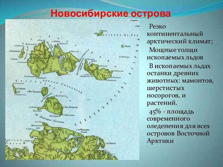 Новосибирские острова Резко континентальный арктический климат; Мощные толщи ископаемых льдов