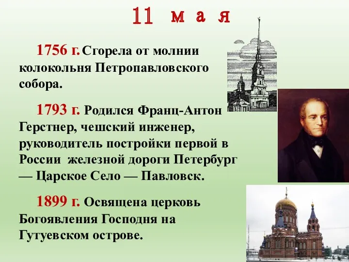 11 мая 1756 г. Сгорела от молнии колокольня Петропавлов­ского собора.