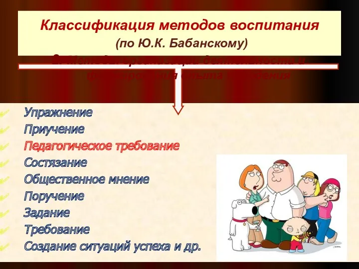 Классификация методов воспитания (по Ю.К. Бабанскому) Упражнение Приучение Педагогическое требование