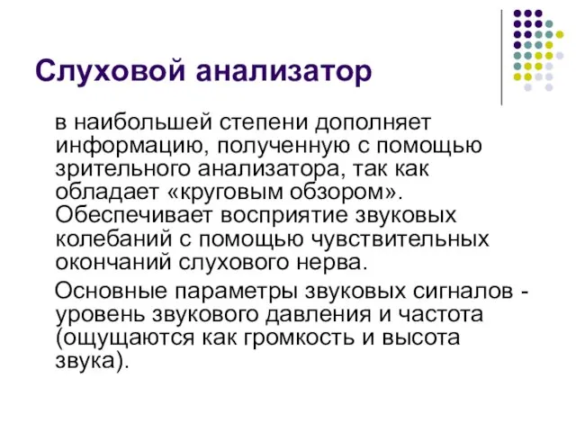 Слуховой анализатор в наибольшей степени дополняет информацию, полученную с помощью