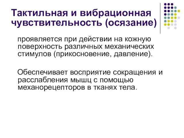 Тактильная и вибрационная чувствительность (осязание) проявляется при действии на кожную