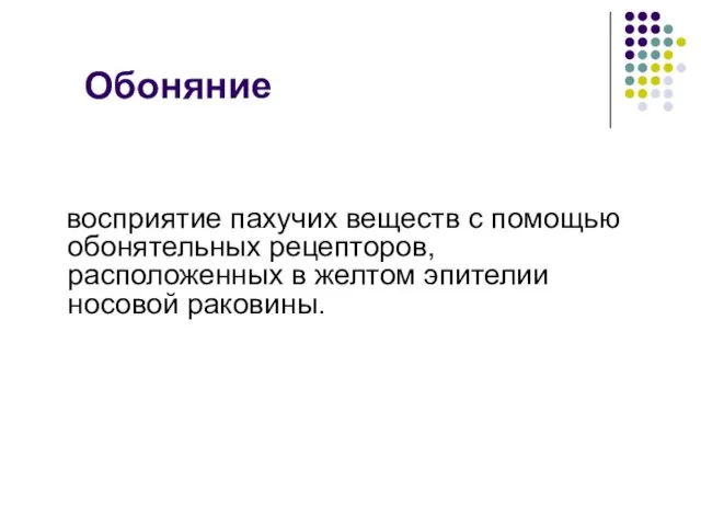 Обоняние восприятие пахучих веществ с помощью обонятельных рецепторов, расположенных в желтом эпителии носовой раковины.