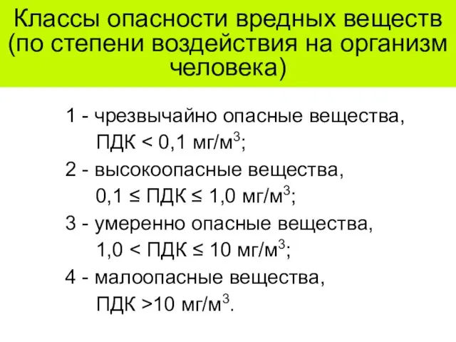 Классы опасности вредных веществ (по степени воздействия на организм человека)