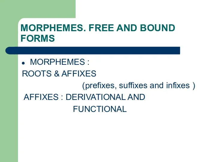 MORPHEMES. FREE AND BOUND FORMS MORPHEMES : ROOTS & AFFIXES