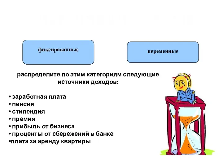 источники доходов фиксированные переменные распределите по этим категориям следующие источники