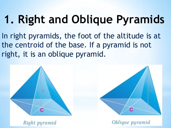 1. Right and Oblique Pyramids In right pyramids, the foot