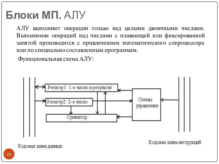 Блоки МП. АЛУ АЛУ выполняет операции только над целыми двоичными