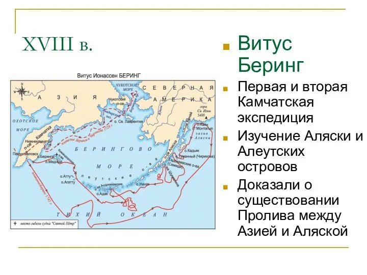 XVIII в. Витус Беринг Первая и вторая Камчатская экспедиция Изучение