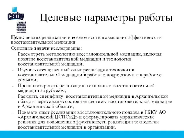 Целевые параметры работы Цель: анализ реализации и возможности повышения эффективности