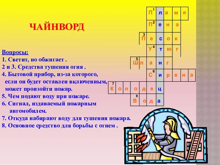 ЧАЙНВОРД Вопросы: 1. Светит, но обжигает . 2 и 3.