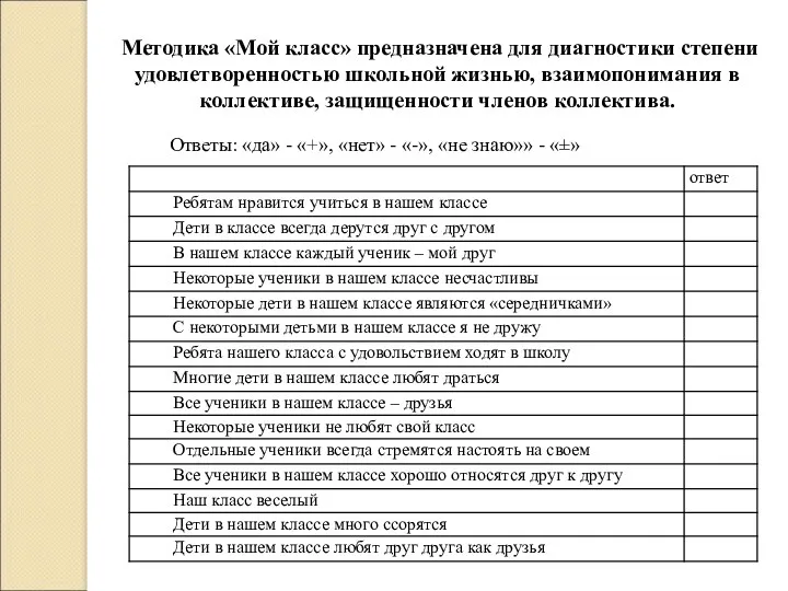 Методика «Мой класс» предназначена для диагностики степени удовлетворенностью школьной жизнью,