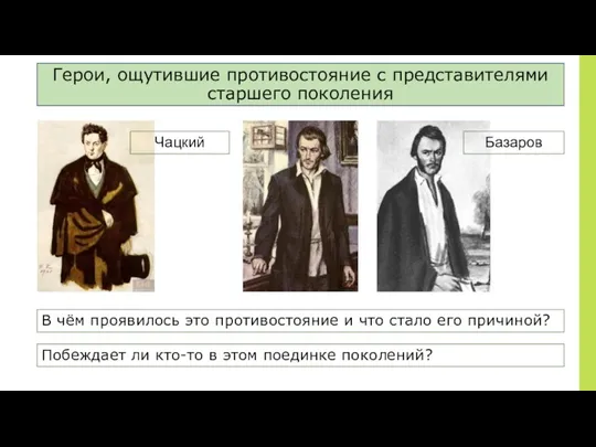 Герои, ощутившие противостояние с представителями старшего поколения Чацкий Базаров В