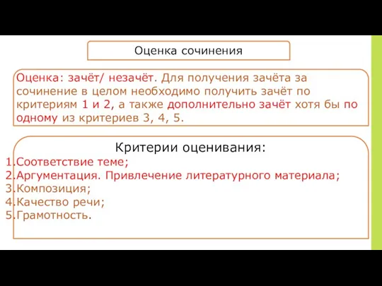 Оценка: зачёт/ незачёт. Для получения зачёта за сочинение в целом