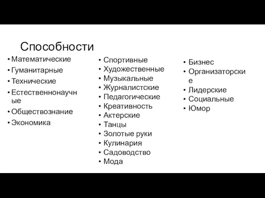 Способности Математические Гуманитарные Технические Естественнонаучные Обществознание Экономика Бизнес Организаторские Лидерские