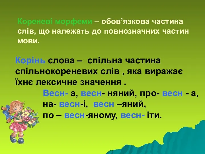 Корінь слова – спільна частина спільнокореневих слів , яка виражає