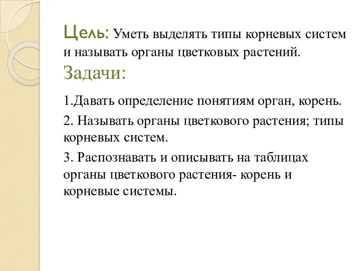 Цель: Уметь выделять типы корневых систем и называть органы цветковых