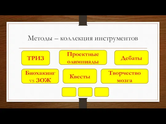 Методы – коллекция инструментов Квесты Дебаты Проектные олимпиады ТРИЗ Творчество мозга Биохакинг vs ЗОЖ