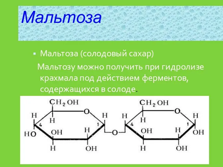 Мальтоза Мальтоза (солодовый сахар) Мальтозу можно получить при гидролизе крахмала под действием ферментов, содержащихся в солоде.