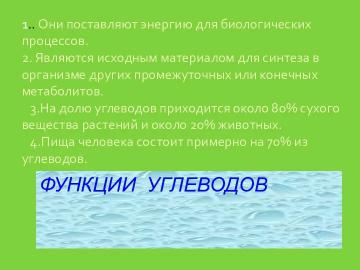 ФУНКЦИИ УГЛЕВОДОВ 1.. Они поставляют энергию для биологических процессов. 2.