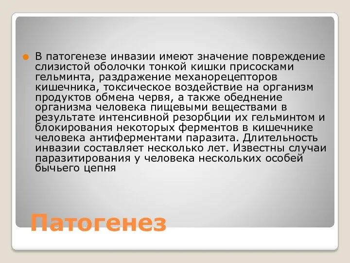 Патогенез В патогенезе инвазии имеют значение повреждение слизистой оболочки тонкой