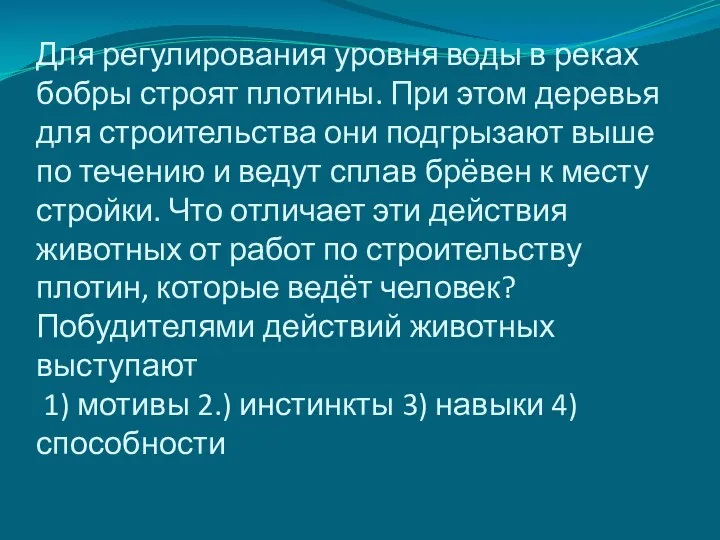 Для регулирования уровня воды в реках бобры строят плотины. При этом деревья для