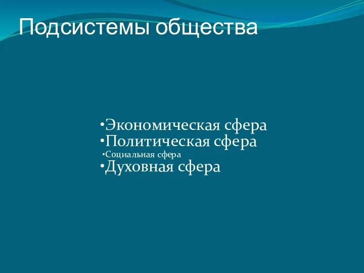 Подсистемы общества Экономическая сфера Политическая сфера Социальная сфера Духовная сфера