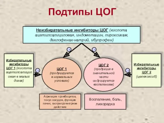 Подтипы ЦОГ Агрегация тромбоцитов, тонус сосудов, функция почек, гастропротектрное действие Воспаление, боль, лихорадка