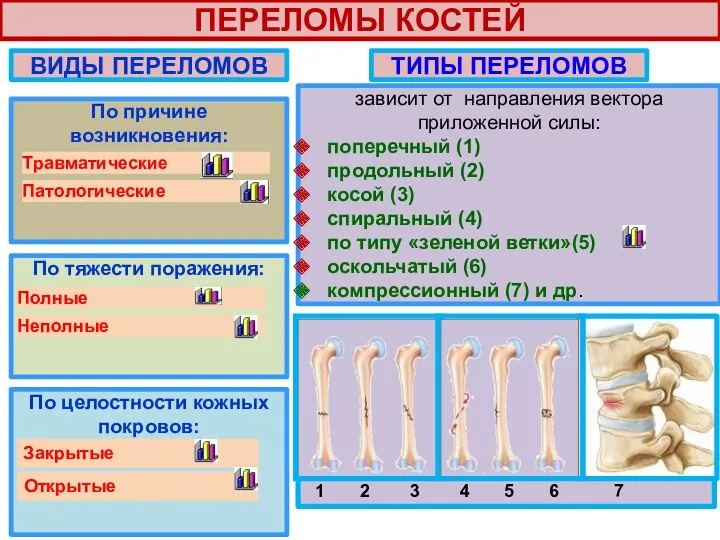 ПЕРЕЛОМЫ КОСТЕЙ По причине возникновения: По тяжести поражения: зависит от