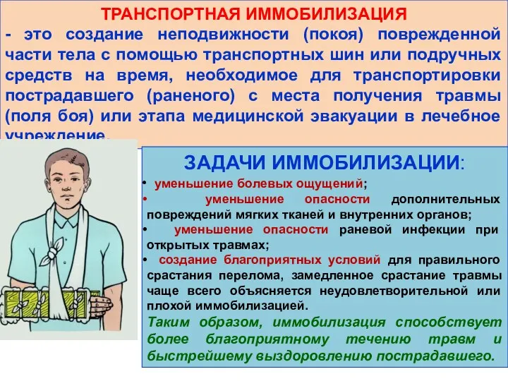 ТРАНСПОРТНАЯ ИММОБИЛИЗАЦИЯ - это создание неподвижности (покоя) поврежденной части тела