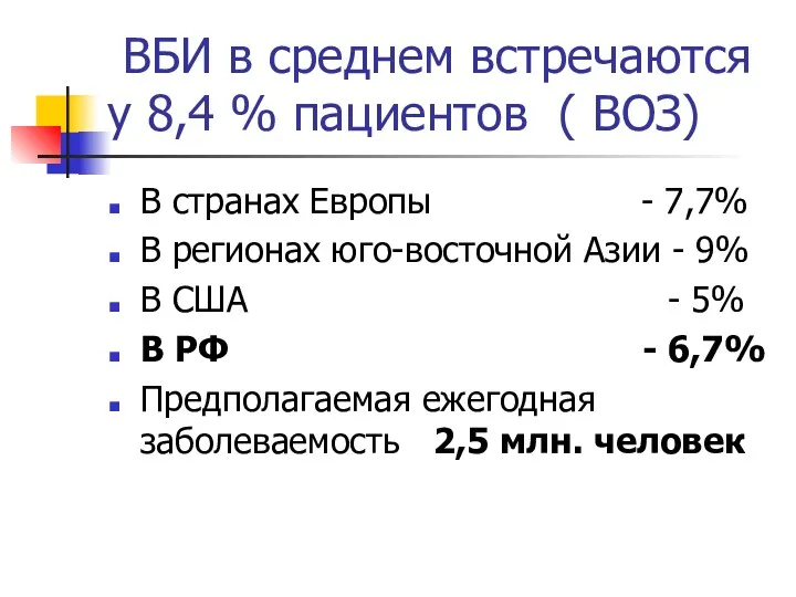 ВБИ в среднем встречаются у 8,4 % пациентов ( ВОЗ)