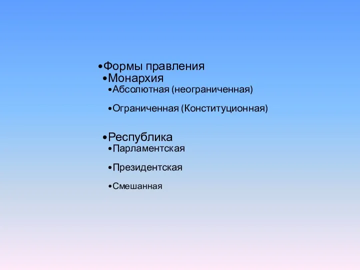 Формы правления Монархия Абсолютная (неограниченная) Ограниченная (Конституционная) Республика Парламентская Президентская Смешанная