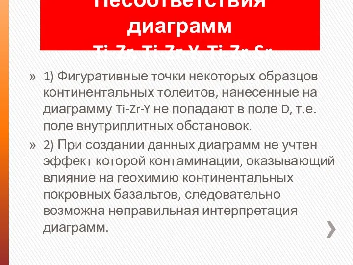 1) Фигуративные точки некоторых образцов континентальных толеитов, нанесенные на диаграмму