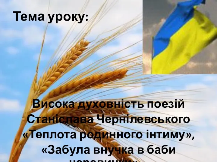 Тема уроку: Висока духовність поезій Станіслава Чернілевського «Теплота родинного інтиму», «Забула внучка в баби черевички»...