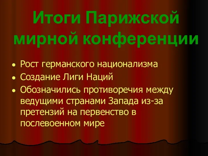 Итоги Парижской мирной конференции Рост германского национализма Создание Лиги Наций