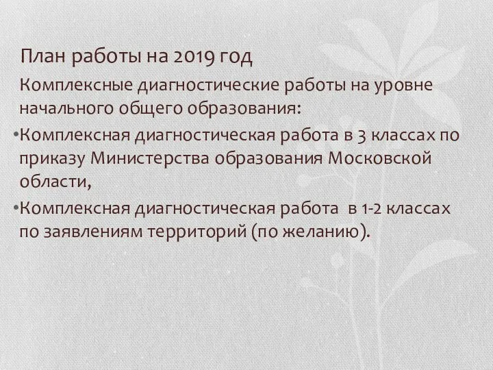 План работы на 2019 год Комплексные диагностические работы на уровне