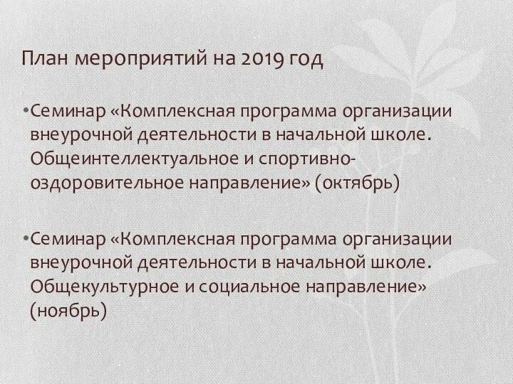 План мероприятий на 2019 год Семинар «Комплексная программа организации внеурочной