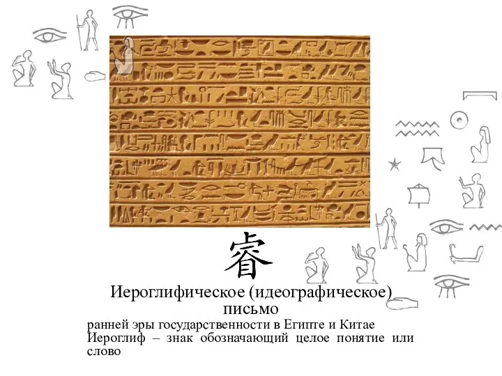 Иероглифическое (идеографическое) письмо ранней эры государственности в Египте и Китае Иероглиф – знак