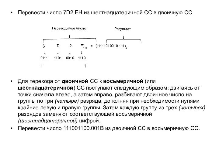 Перевести число 7D2.EH из шестнадцатеричной СС в двоичную СС Для