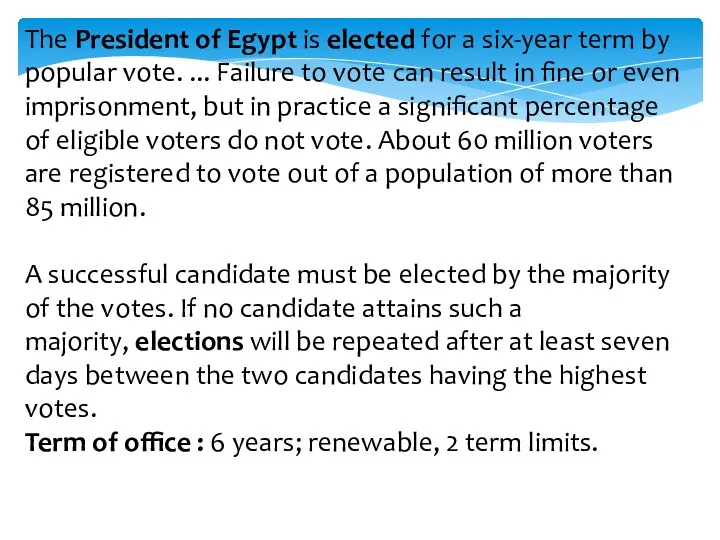 The President of Egypt is elected for a six-year term by popular vote.