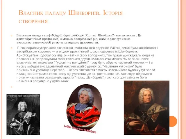 Власник палацу Шенборнів. Історія створення Власником палацу є граф Фрідріх